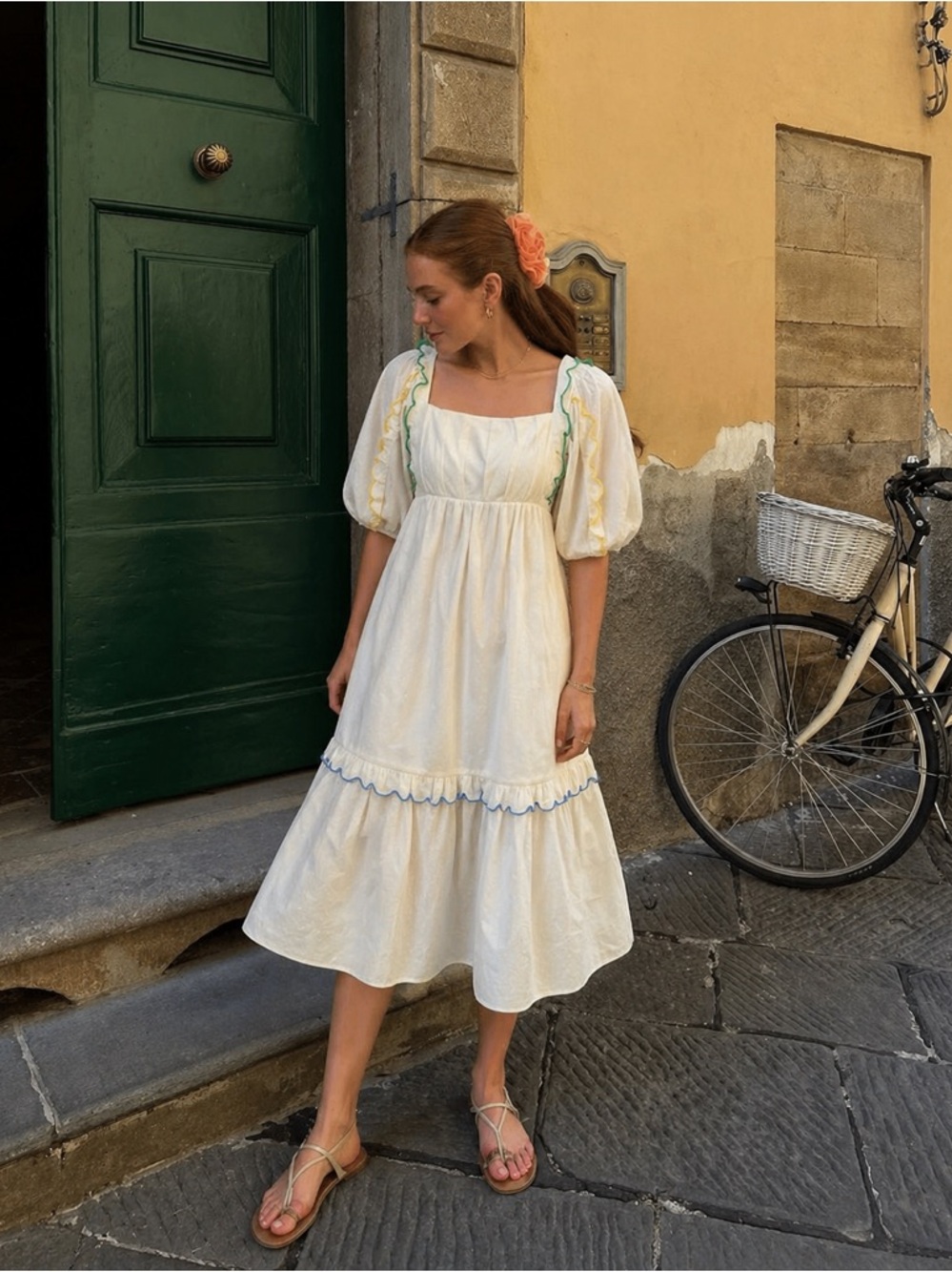 FARM RIO/ Textured Puff Sleeve Ivory Midi Dress - Sz M - NWT